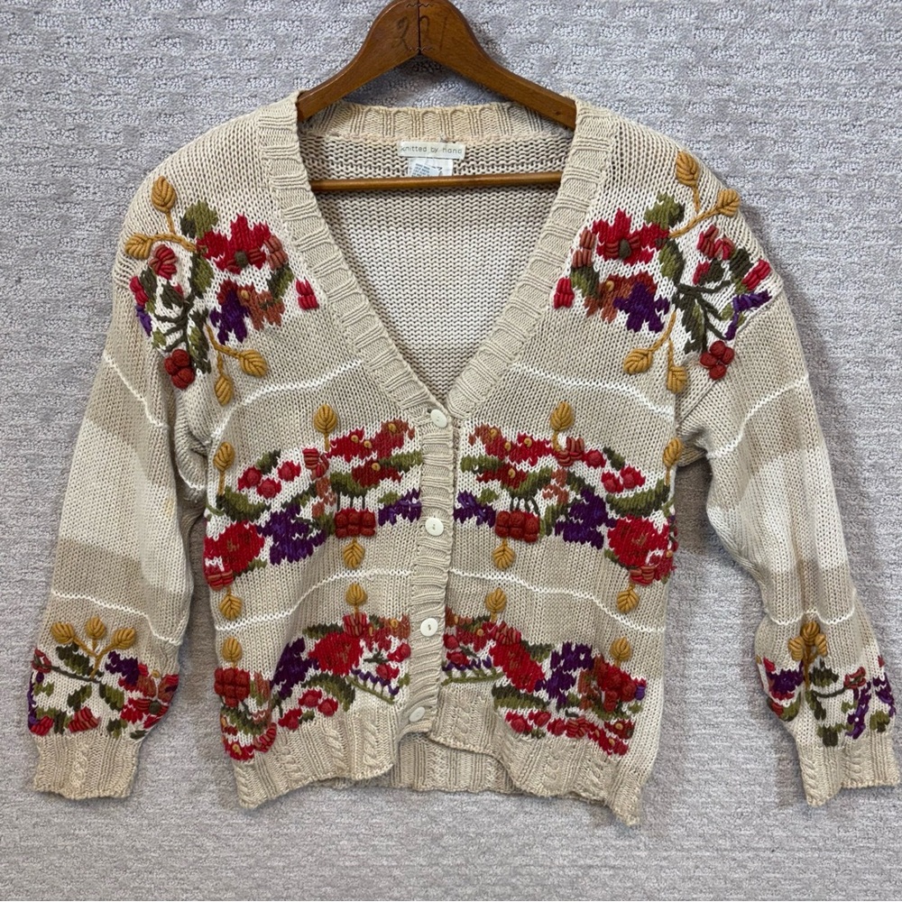 Vtg Boaz hand knitted sweater cardigan womens medium floral cottage core‎ granny